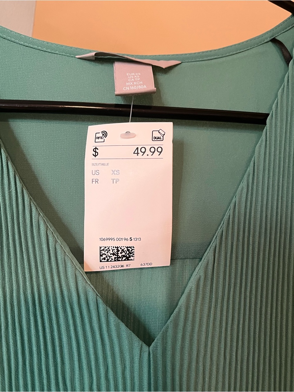 H&M Mint Green Pleated V-Neck Dress